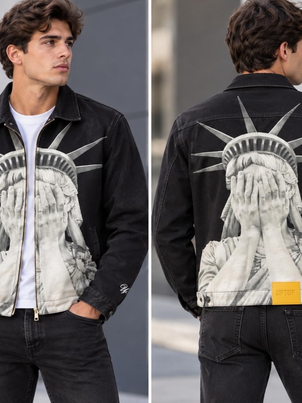 Men's Black Graphic Denim Jacket with Statue of Liberty Print
